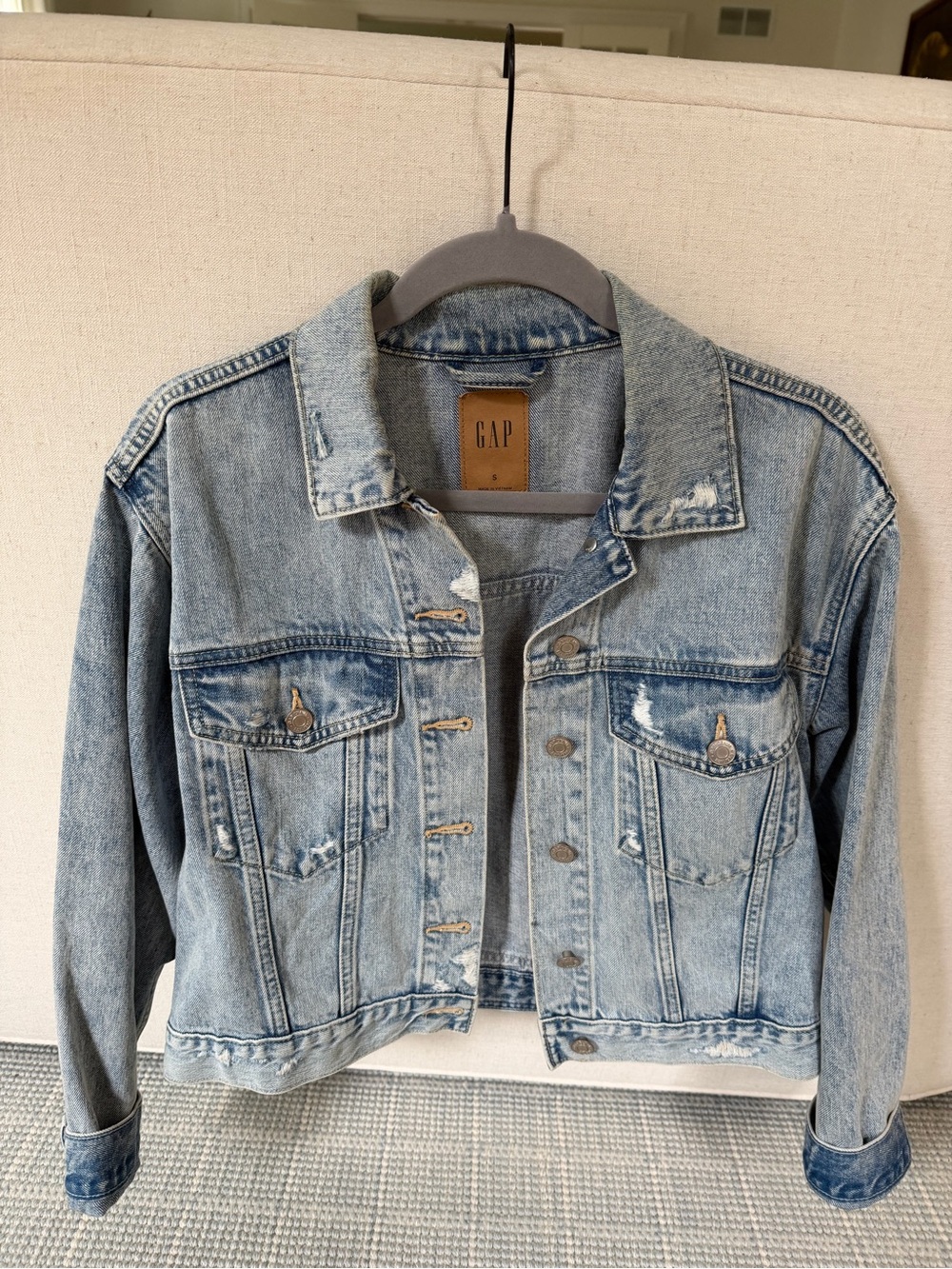 GAP Light Blue Distressed Cropped Denim Jacket